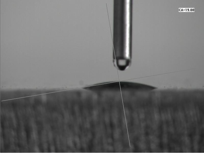 等离子处理后水滴角：19度